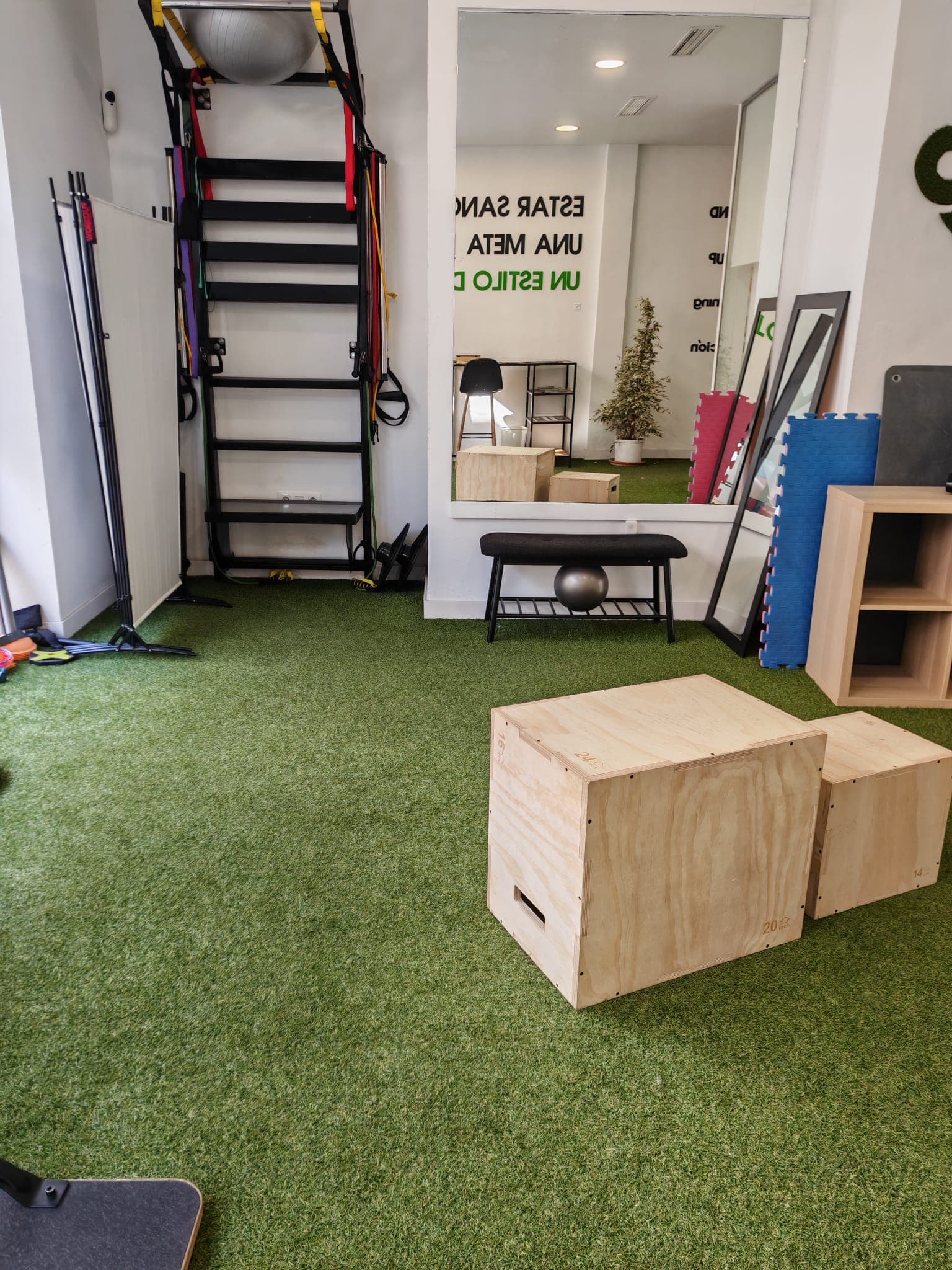 Espacio de entrenamiento funcional con espejo, escalera sueca y césped artificial